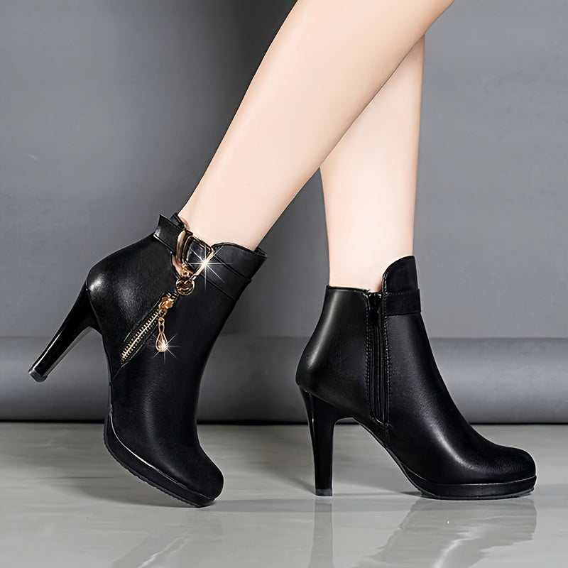 Women's Black Faux Cover Ankle Boots with Golden Zipper & Chunky Heel - Stylish Round Toe Platform Booties for Casual Attire